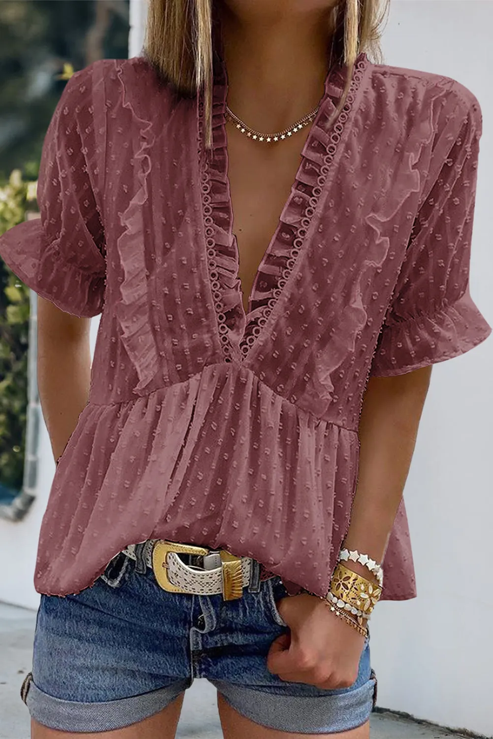 Swiss Dot Deep V Neck Layered Frill Blouse