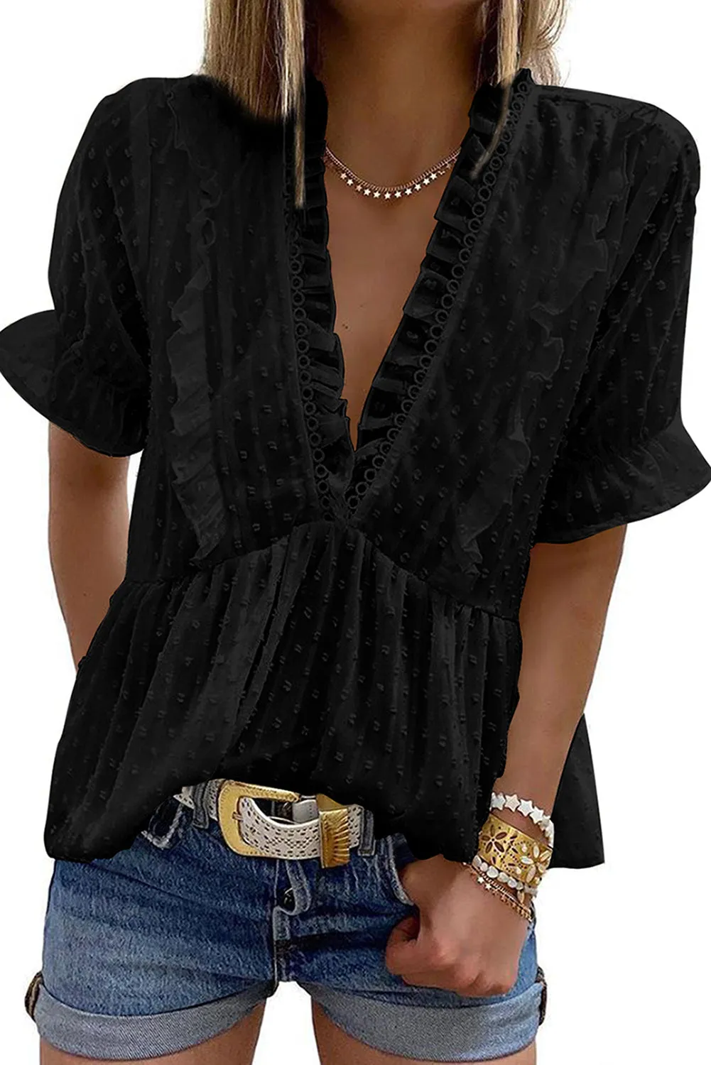 Swiss Dot Deep V Neck Layered Frill Blouse