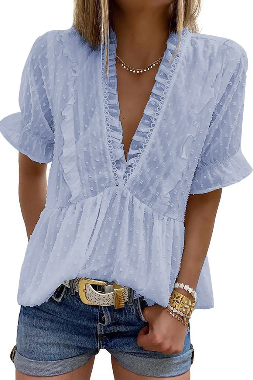 Swiss Dot Deep V Neck Layered Frill Blouse