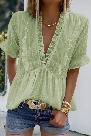 Swiss Dot Deep V Neck Layered Frill Blouse