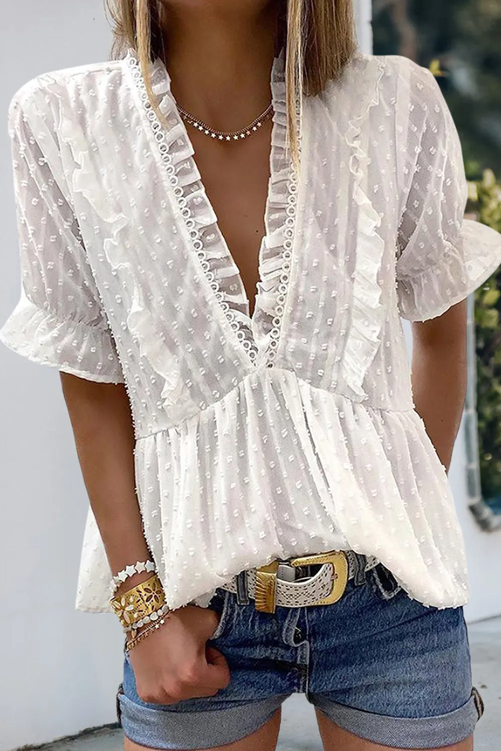 Swiss Dot Deep V Neck Layered Frill Blouse