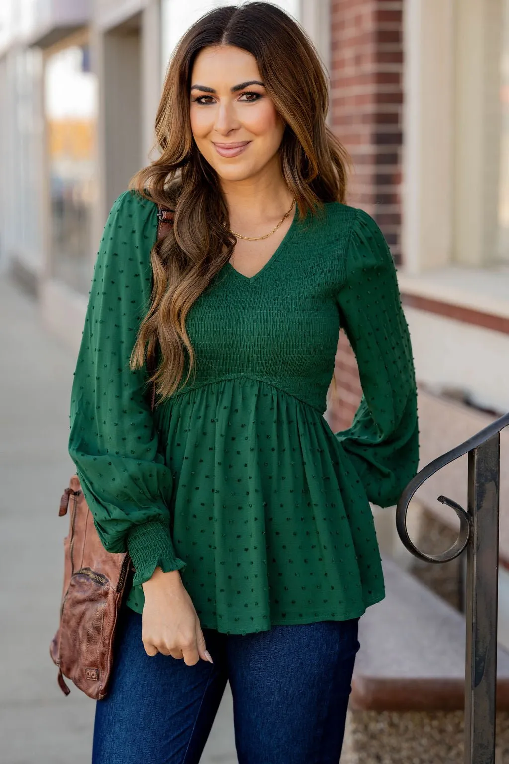 Swiss Dot Ruched Peplum Blouse