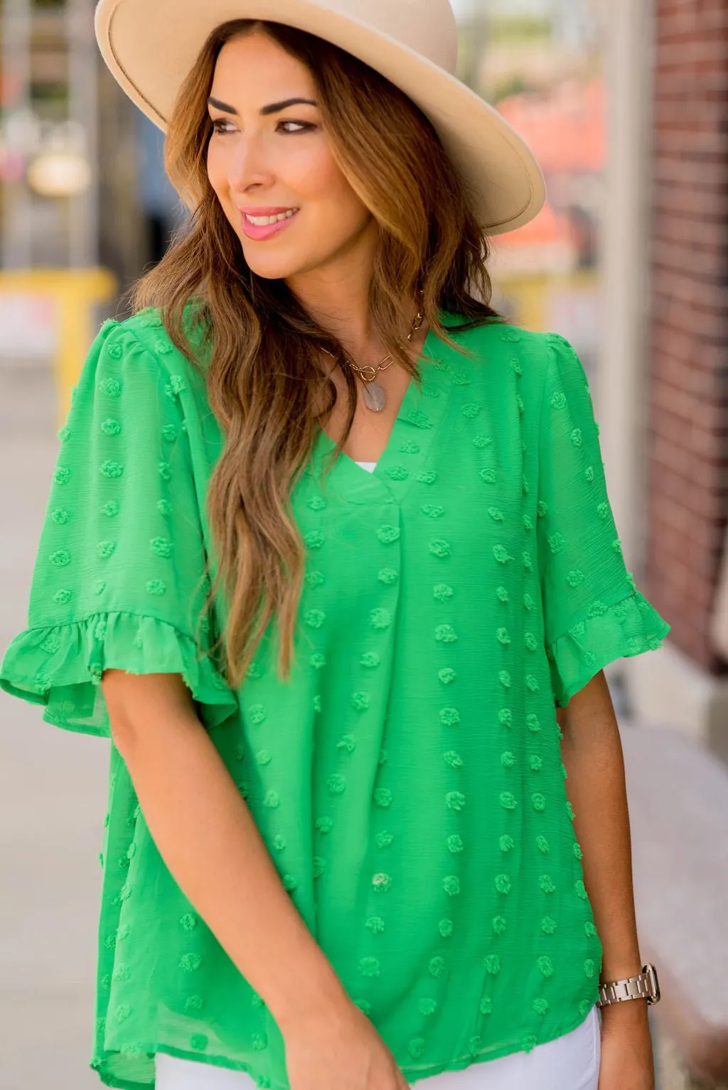 Textured Dot Ruffle Trim V-Neck Blouse