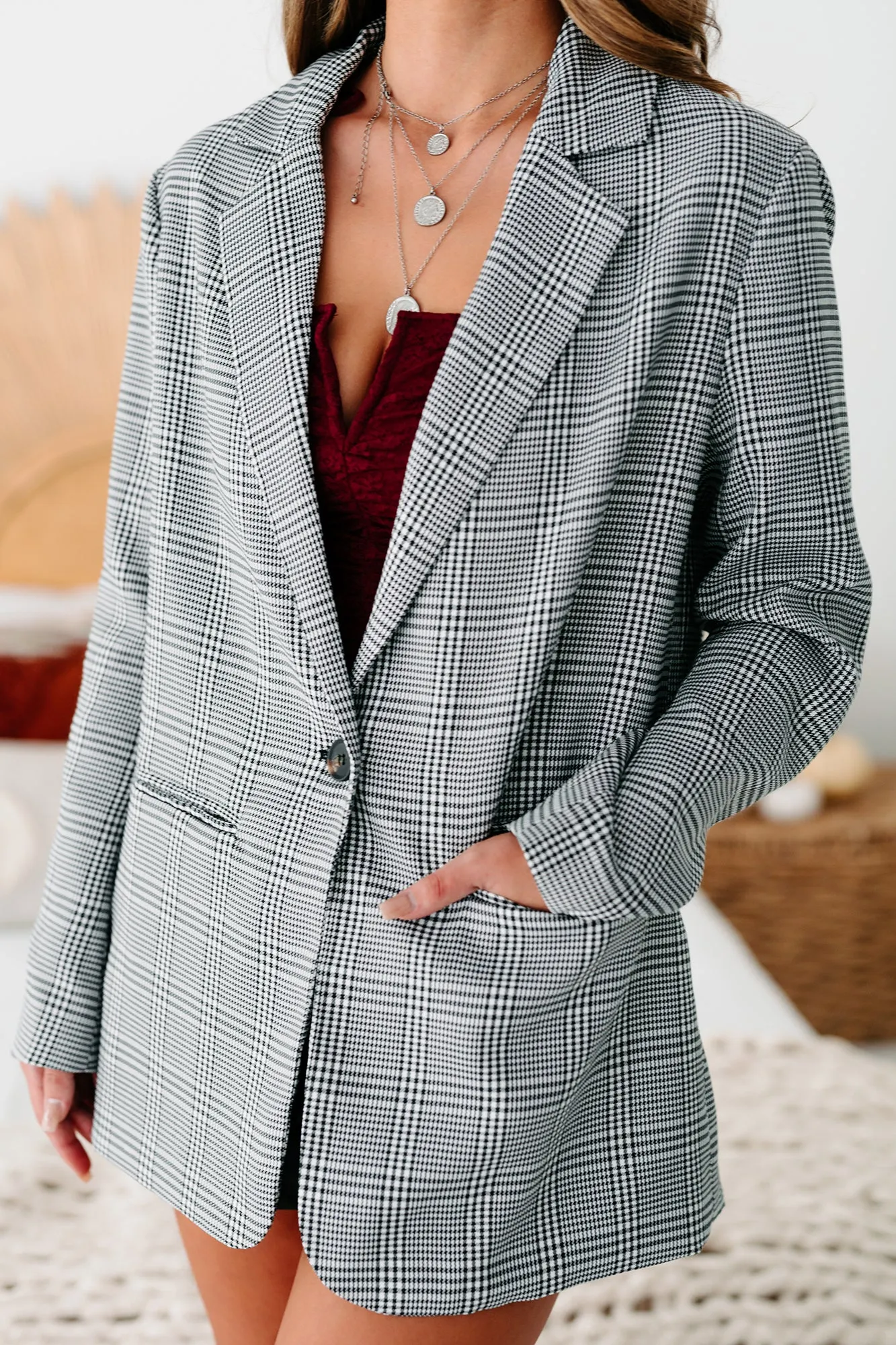 Time Is Money Oversized Plaid Blazer (Black)