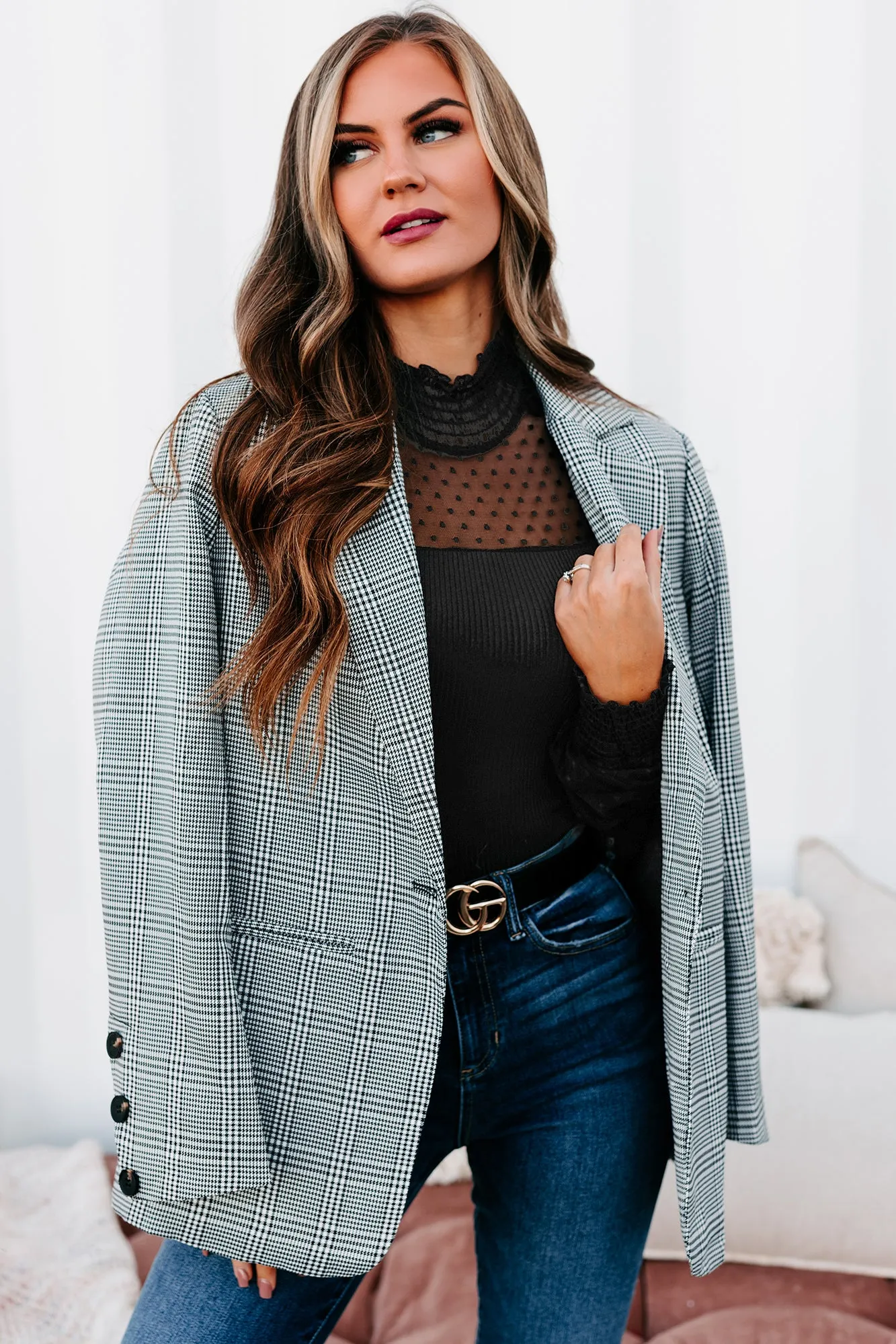 Time Is Money Oversized Plaid Blazer (Black)