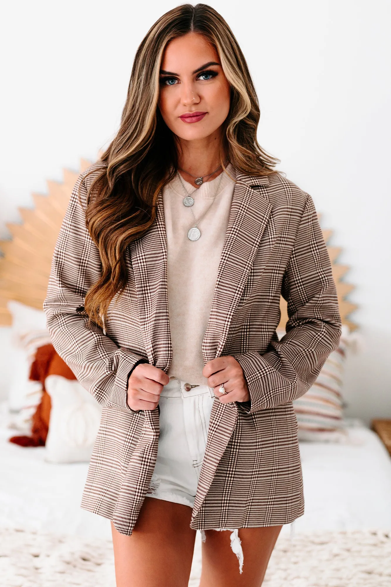 Time Is Money Oversized Plaid Blazer (Brown)