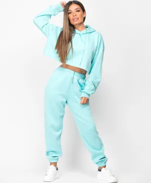 Turquoise Oversized Cropped Hoodie & Joggers Loungewear Set