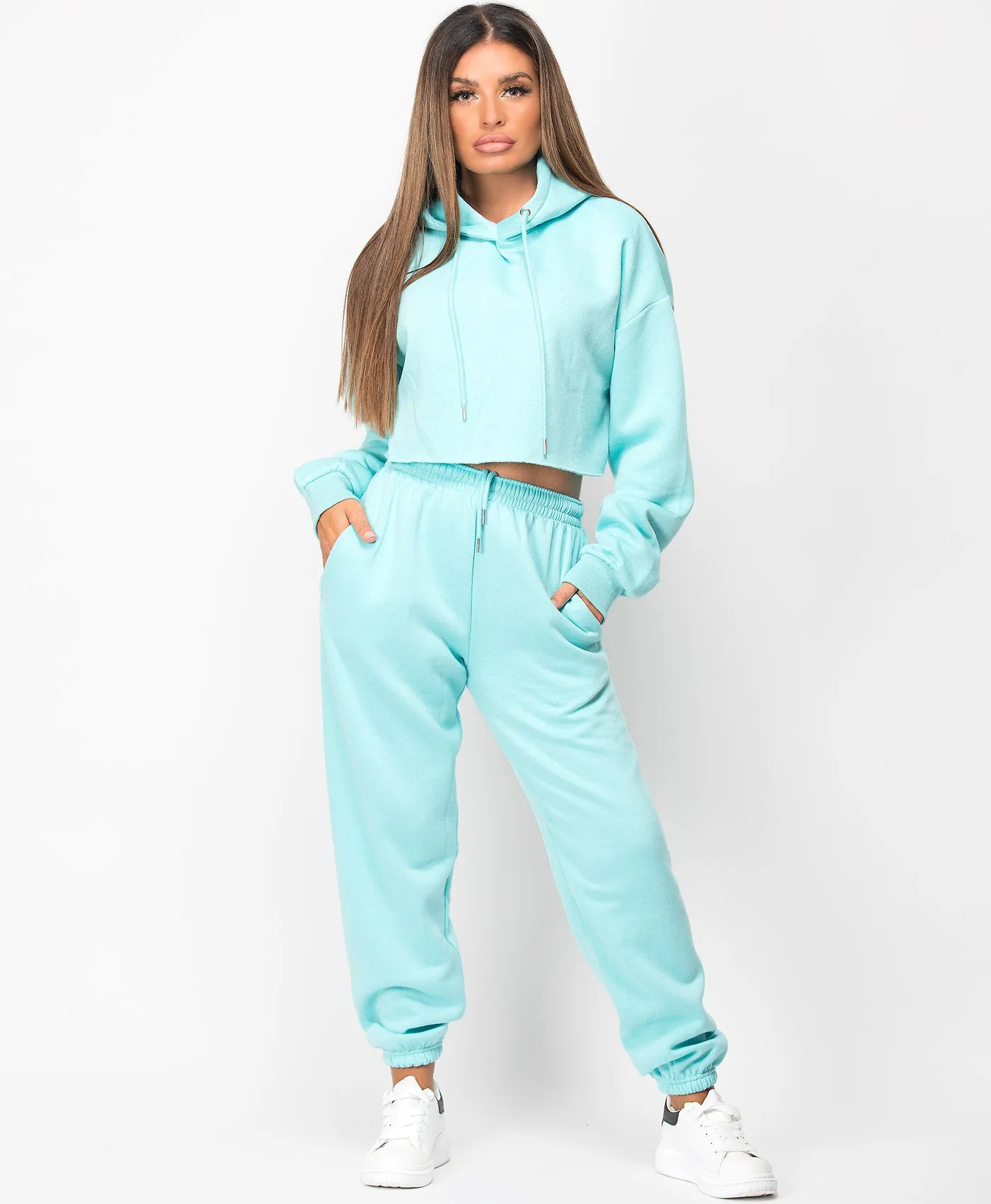 Turquoise Oversized Cropped Hoodie & Joggers Loungewear Set