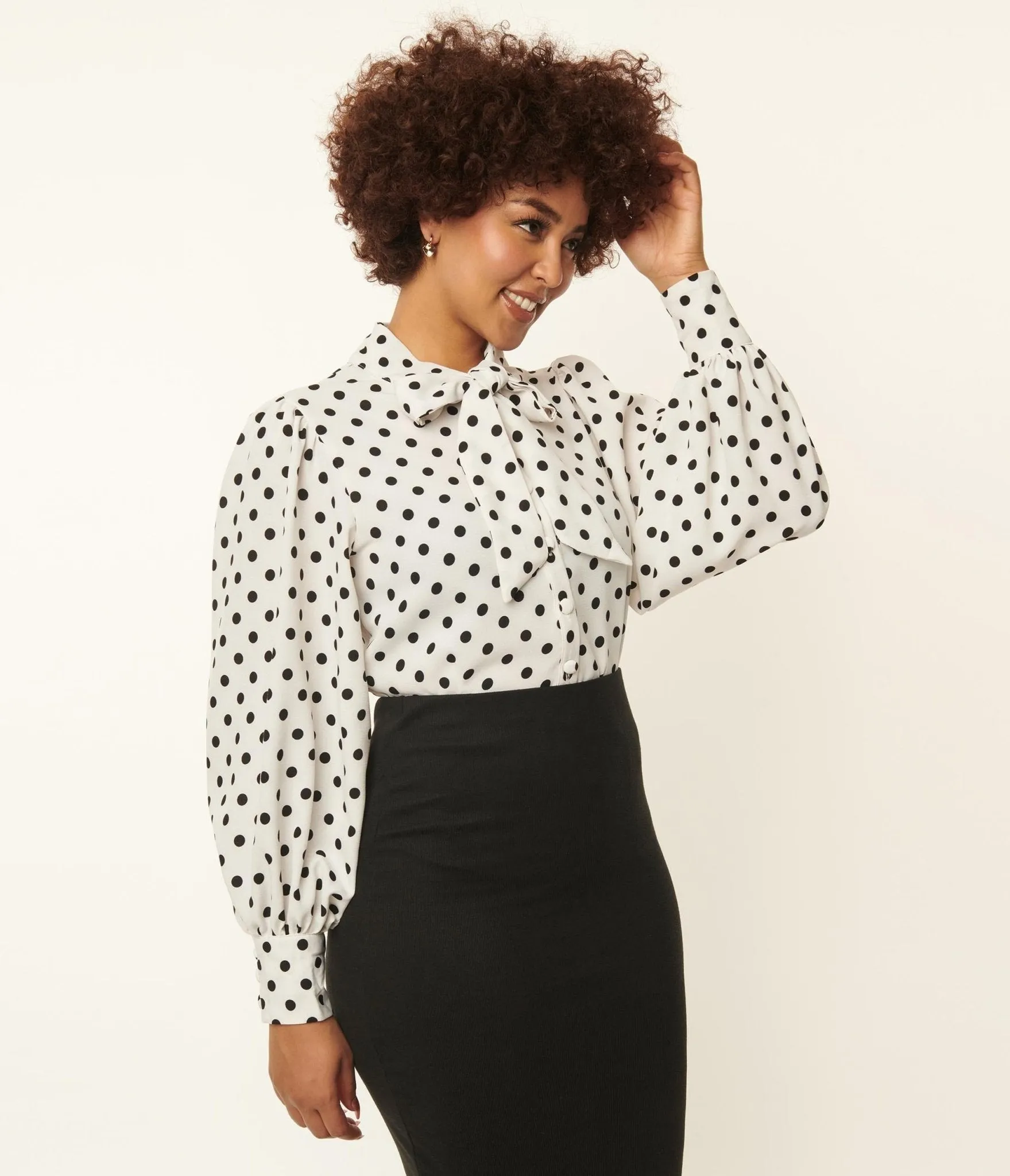 Unique Vintage 1940s White & Black Polka Dot Neck Tie Gwen Blouse