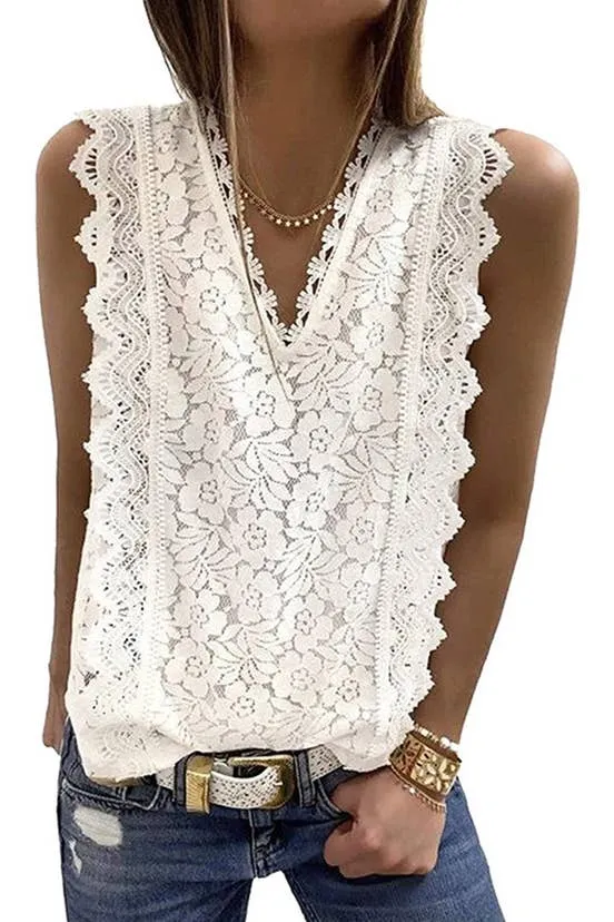 UNISHE - Lace Crochet V Neck Textured Tank Top Medium