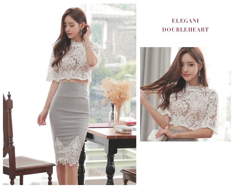 VenusFox Summer White Lace Shirt and Skirt 2 Piece Suit Set