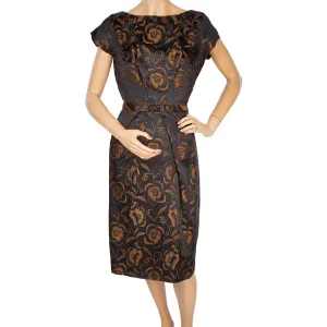 Vintage 1960s Cocktail Dress Floral Woven Satin Brown and Black Size M