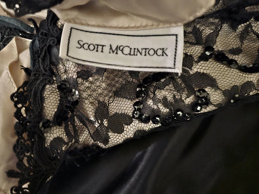 VINTAGE SCOTT MCCLINTOCK STRAPLESS SATIN LACE ILLUSION SEQUIN EVENING GOWN WITH HUGE BOW & CRINOLINE