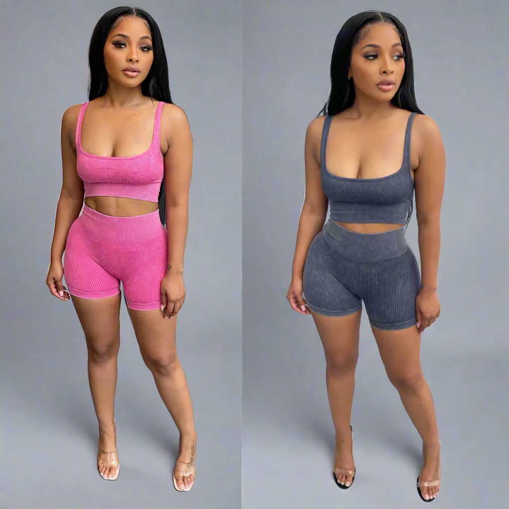 Washed Seamless Basic Tank Top And Shorts Set