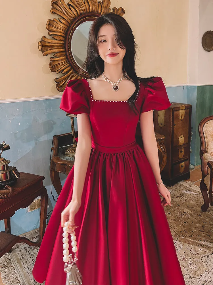 Wine Red  Princess  Engagement  Satin Dress