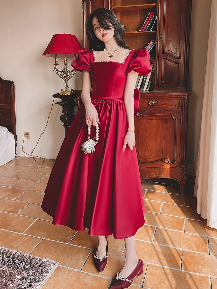 Wine Red  Princess  Engagement  Satin Dress