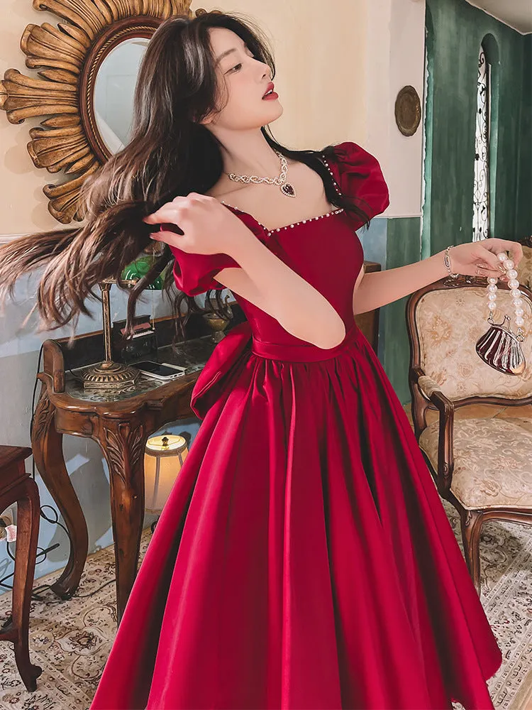 Wine Red  Princess  Engagement  Satin Dress