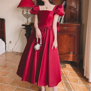 Wine Red  Princess  Engagement  Satin Dress