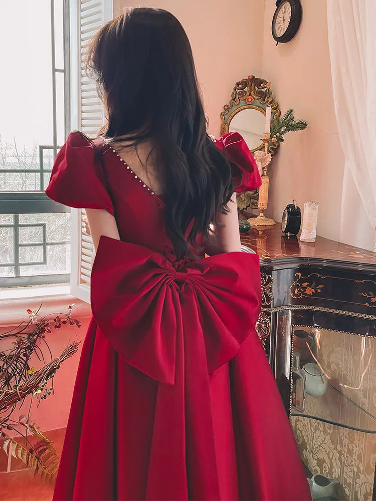 Wine Red  Princess  Engagement  Satin Dress