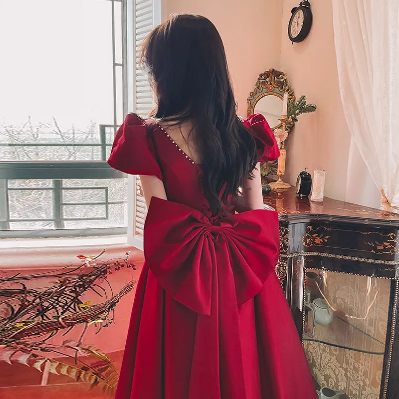 Wine Red  Princess  Engagement  Satin Dress