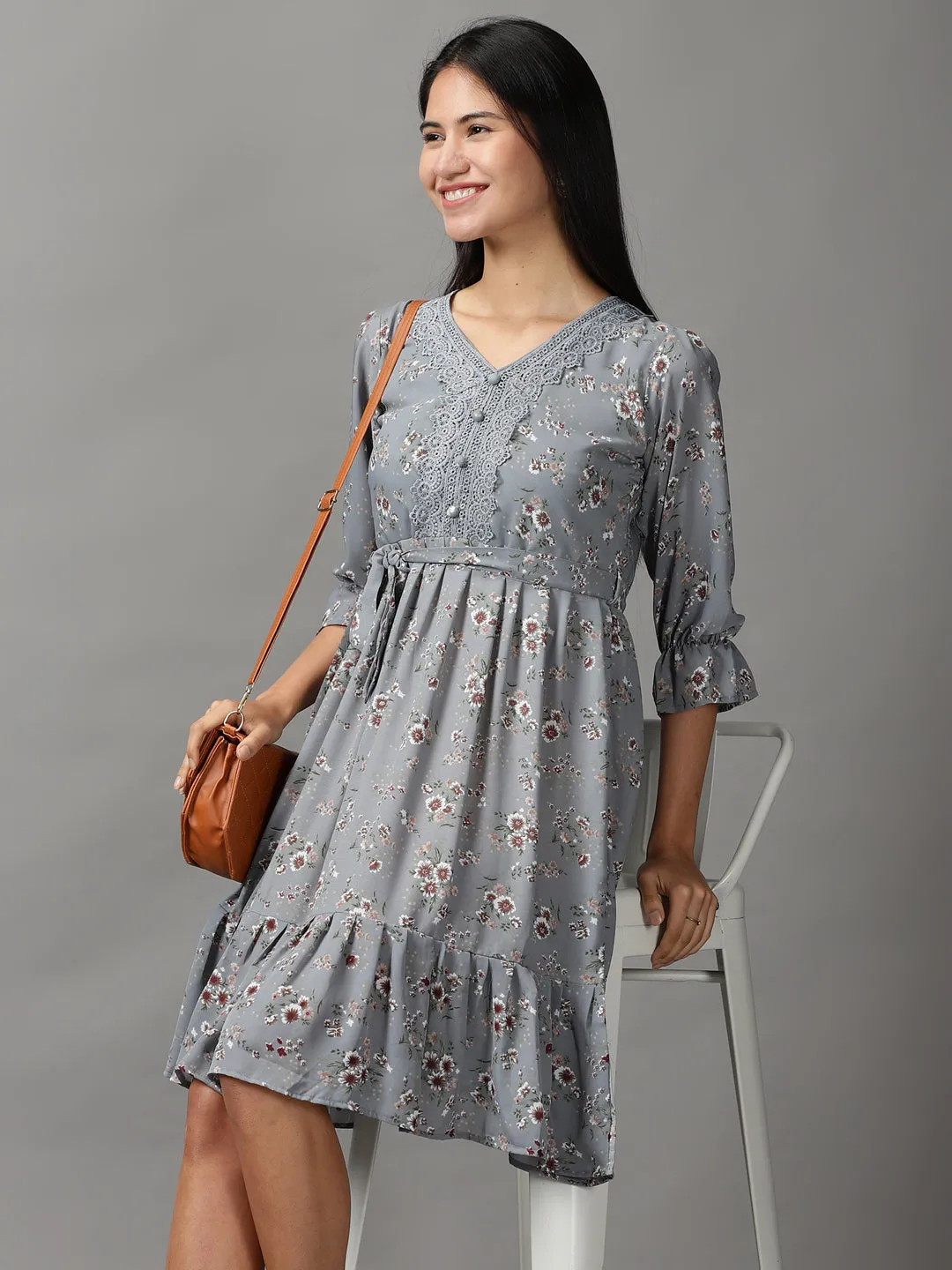 Women's Grey Floral Fit and Flare Dress