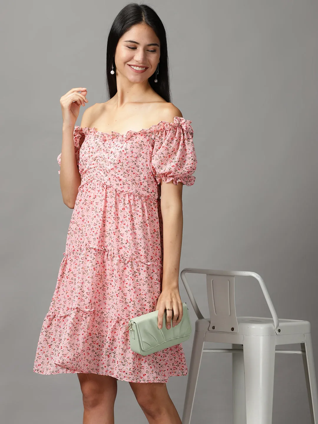 Women's Pink Floral Fit and Flare Dress