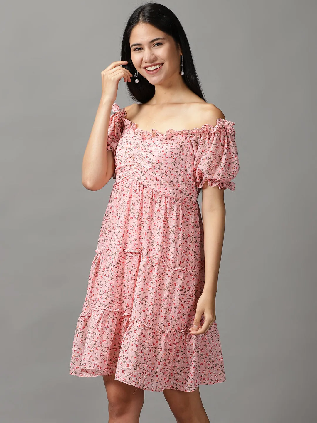 Women's Pink Floral Fit and Flare Dress